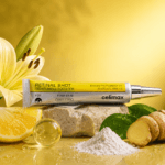 Celimax Vita-A Retinal Shot Tightening Booster 15ml with botanical ingredients including lemon, ginger and green leaves representing a premium Korean skincare routine.